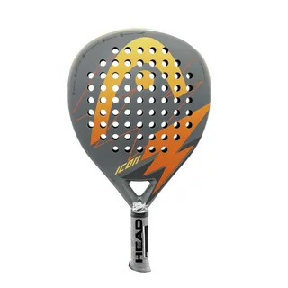 Raquete de padel Head Icon com design moderno em cinza e laranja, formato de lágrima e furos simétricos na face. O logotipo da Head aparece em destaque na parte superior, com o nome “Icon” e um raio estilizado em laranja na parte inferior.