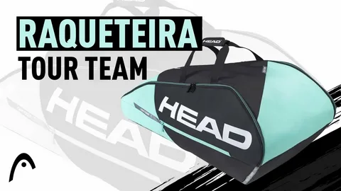 Raqueteira Head Tour Team nas cores preto e verde água, vista de lado sobre fundo branco. O design exibe o logotipo HEAD em letras grandes brancas e o nome do modelo “Tour Team” em detalhe lateral, com alças superiores para transporte.