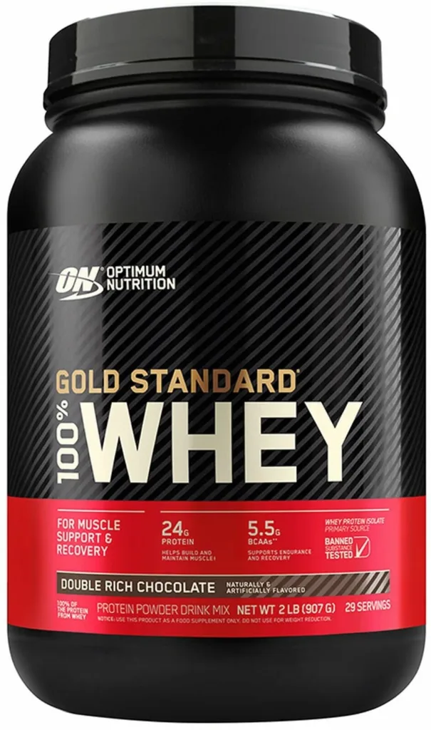 Whey protein Optimum Nutrition Gold Standard 100% Whey sabor chocolate, suplemento proteico para ganho de massa muscular e recuperação pós-treino.