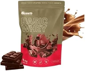 Embalagem de suplemento alimentar Growth Basic Whey sabor chocolate, com design em tons de verde e vermelho, mostrando pedaços e splash de chocolate ao fundo.