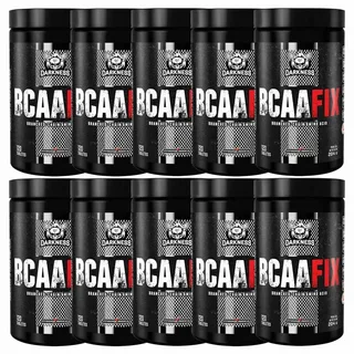 Conjunto de dez potes pretos do suplemento BCAA Fix da marca Darkness, dispostos em duas fileiras. Cada embalagem exibe o logotipo com caveira, o nome “BCAA Fix” em letras brancas e vermelhas, e informações sobre 120 tabletes e 204 g de produto.