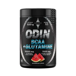 Pote preto de suplemento alimentar Odin BCAA + Glutamine da marca Asgard Nutrition, com rótulo metálico e detalhes em azul e prata, indicando sabor melancia e composição de 10.000 mg de BCAA e 7.000 mg de L-Glutamina por dose.