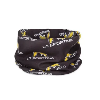 Gola ou bandana tubular preta da marca La Sportiva, feita em tecido leve e elástico, com estampa repetida do logotipo amarelo e branco e o nome “La Sportiva” em letras brancas.