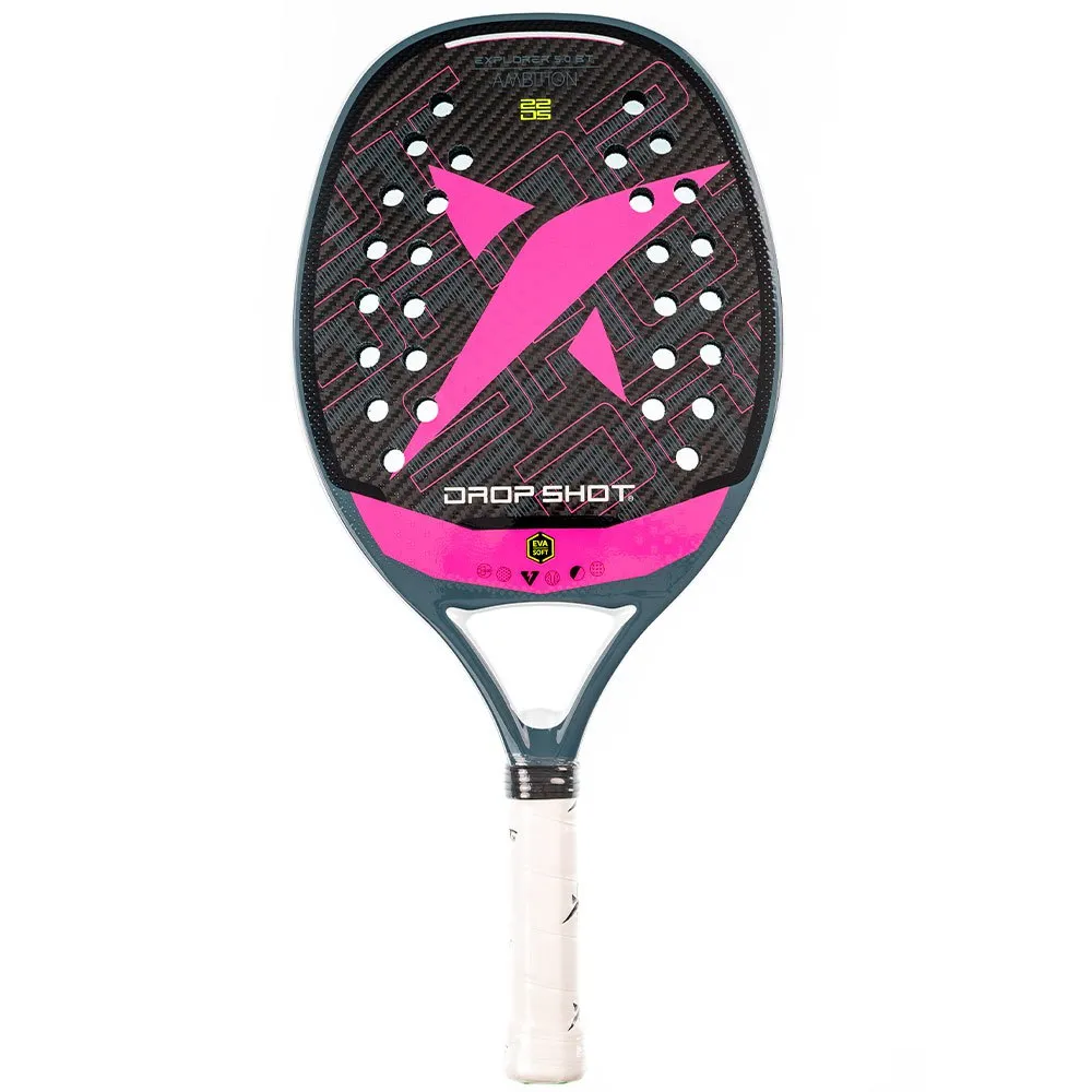 Raquete de padel Drop Shot Explorer 3.0 BT Ambition com design moderno em carbono preto e detalhes em rosa, exibindo o logotipo em forma de “X” no centro e perfurações simétricas na face.