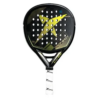 Raquete de padel Drop Shot Legend 4.0 com design moderno em preto e amarelo, formato redondo e logotipo em forma de “X” centralizado, com perfurações simétricas na face e cabo branco com detalhes da marca.