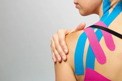 Pessoa com fitas de kinesio coloridas aplicadas no ombro e parte superior das costas, nas cores azul e rosa, segurando o ombro com a mão, em fundo cinza neutro.