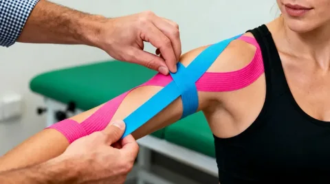 Profissional aplicando fitas de kinesio coloridas nos ombros e braço de uma mulher, com faixas rosas e azuis cruzadas sobre a pele, em ambiente clínico com maca verde ao fundo.