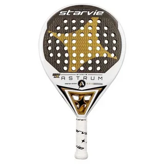 Raquete de padel Starvie Astrum Eris branca e dourada, com design em forma de estrela dourada no centro e furos circulares distribuídos pela face.