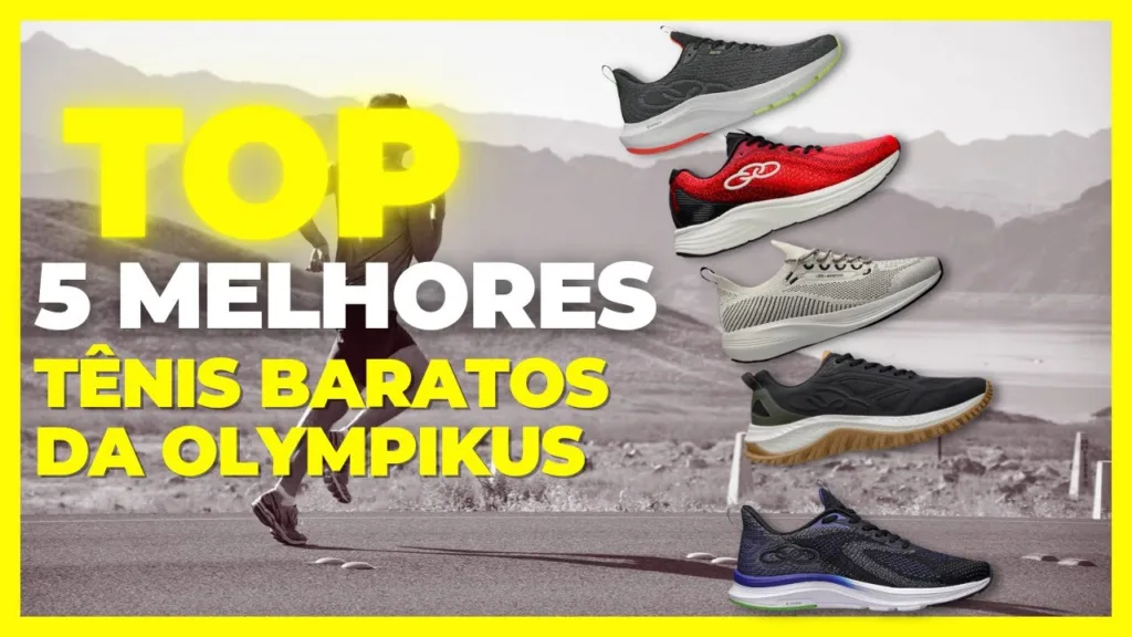 Imagem promocional com fundo de corredor em estrada e montanhas ao fundo, destacando o texto “TOP 5 MELHORES TÊNIS BARATOS DA OLYMPIKUS” em letras grandes amarelas e brancas. À direita, cinco modelos de tênis Olympikus em diferentes cores — cinza, vermelho, bege, preto e azul — dispostos verticalmente.