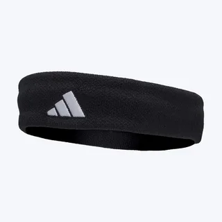 Faixa de cabeça preta da marca Adidas, feita em tecido elástico e respirável, com o logotipo branco bordado em um dos lados, ideal para uso esportivo.