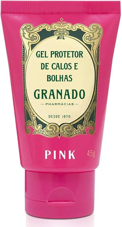 Tubo rosa de 45g do Gel Protetor de Calos e Bolhas da marca Granado Pharmácias, com rótulo dourado e verde em estilo vintage, destacando o nome “Granado” e a linha “Pink”.