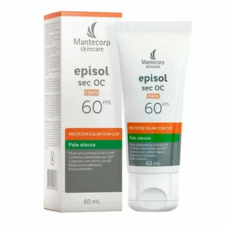 Protetor solar Mantecorp Episol Sec OC FPS 60, versão com cor clara, embalagem branca e laranja, indicado para pele oleosa.