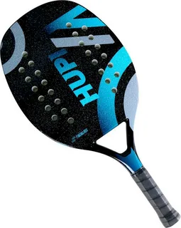 Raquete de beach tennis HUPI com design moderno em preto e azul, superfície perfurada para melhor aerodinâmica e cabo revestido com grip cinza, destacando o nome “HUPI” em letras grandes na face.