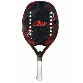 Raquete de beach tennis Allv preta e vermelha com design moderno, superfície texturizada e furos circulares simétricos nas laterais, cabo branco com empunhadura ergonômica.