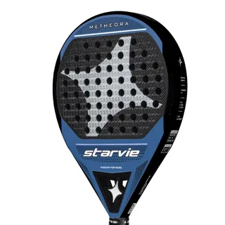 Raquete de padel Starvie Metheora preta e azul com design em forma de estrela cinza no centro e furos circulares distribuídos pela face.