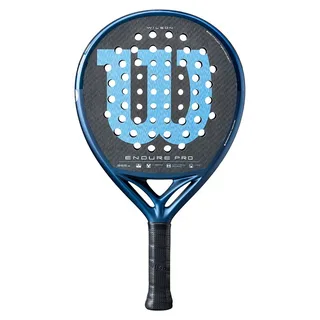 Raquete de beach tennis Wilson Endure Pro azul e preta, com logo “W” grande em azul claro no centro e furos circulares distribuídos pela face.